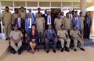 MINISTRY OF PUBLIC DELEGATION LED BY HON. MINISTER OF STATE FOR PUBLIC SERVICE DAVID KARUBANGA AND PERMANENT SECRETARY CATHERINE BITARAKWATE MUSINGWIIRE AND UGANDA POLICE OFFICERS- DIRECTORS AND COMMISSIONERS DURING THE DECENTRALIZATION OF PENSION GRATUITY MANAGEMENT AND PAYMENT PROCESSES AT NA GURU POLICE HEADQUARTERS ON 27TH FEBRUARY 2019